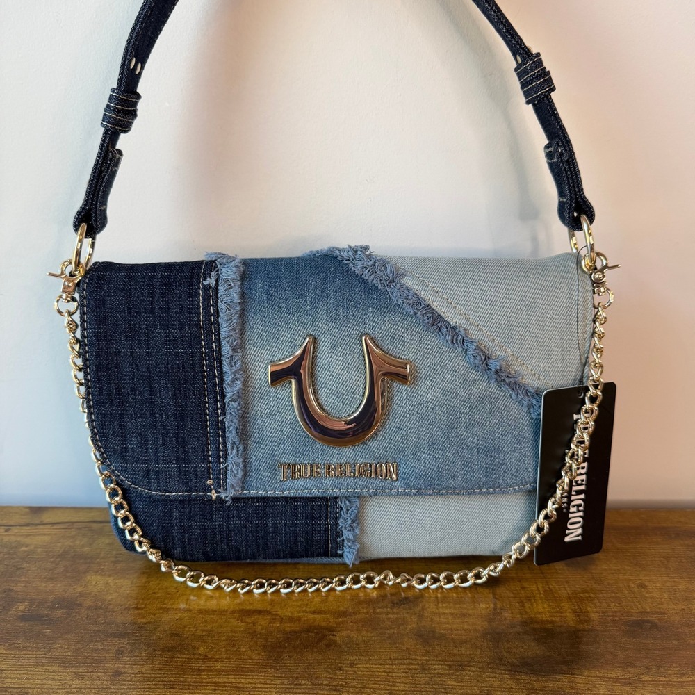 New True Religion Blue Washed Denim Shoulder Handbag Studded Western Horseshoe